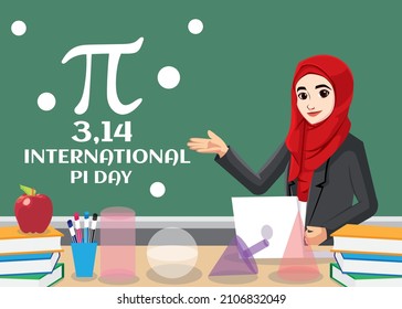 International Pi Day Vector Background With Smiling Cute Female Teacher Teaching