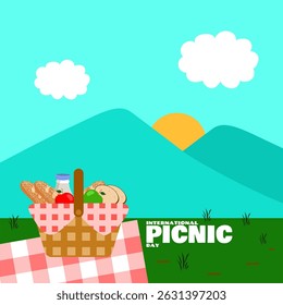 International Picnic Day to celebrate on June 18th. A picnic basket filled with food with a beautiful mountain backdrop.