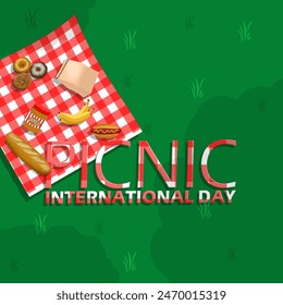 International Picnic Day event banner. Delicious food on a picnic cloth on grassy green background to celebrate on June 18th