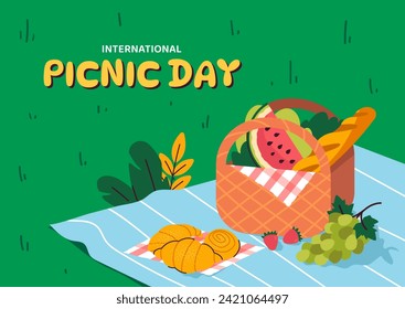 Afiche del Día Internacional del Picnic. Cesta con frutas y pasteles en manta. Estilo de vida activo y ocio al aire libre. Cartel de felicitación para feriado internacional 18 de junio. Dibujo vectorial plano de dibujos animados