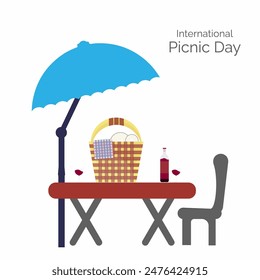 International Picnic Day vector, illustration. Picnic basket with cloth mat, wine bottle, glasses, table, chairs and plates. June 18