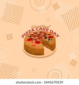 International Pizza Cake Day event banner. Pizza shaped cake on wooden plate on light brown background to celebrate on April