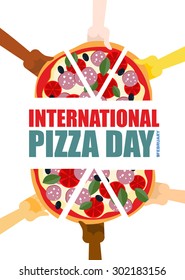 International pizza day. Hand hold pieces of pizza. Vector illustration
