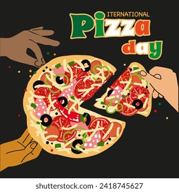 Ilustración del día internacional de la pizza, vector, colorida, pizza italiana, verde, roja, amarilla