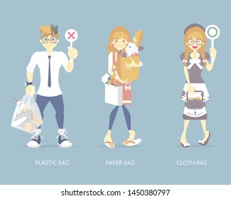 international plastic bag free day,  nature earth day with man and woman holding plastic bag, paper bag, cloth bag, save world pollution concept, flat vector illustration cartoon character design