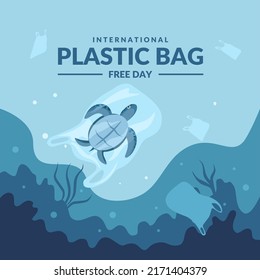 International plastic bag free day, Say no to plastic, Save nature, Save the ocean, world ocean day, Sea turtle in a plastic bag, vector illustration.	
