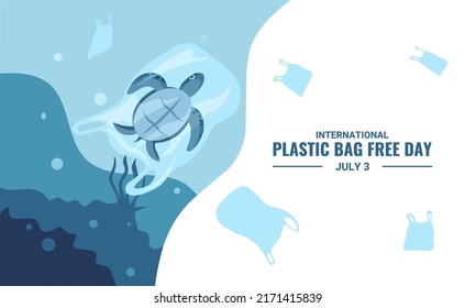 International plastic bag free day, Say no to plastic, Save nature, Save the ocean, world ocean day, Sea turtle in a plastic bag, vector illustration.
