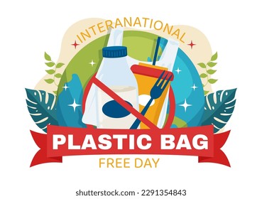 International Plastic Bag Free Day Vector Illustration with Go green, Save Earth and Ocean in Eco Lifestyle Flat Cartoon Hand Drawn Landing Page Templates