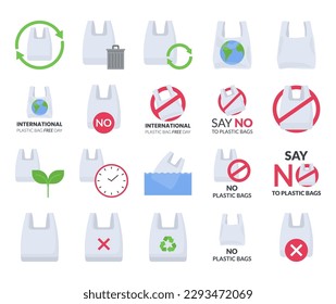 International plastic bag free day icon set, vector illustration about ecology and waste