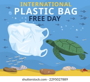 International plastic bag free day. Environmental conservation promoting. Global initiative. Ecological print. Editable vector illustration.