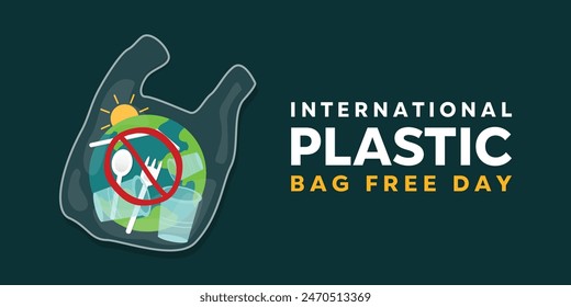 International Plastic Bag Free Day. Plastic, earth, spoons and more.  Great for cards, banners, posters, social media and more. Dark green background.