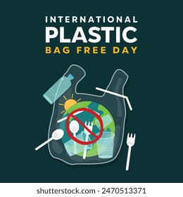 International Plastic Bag Free Day. Great for cards, banners, posters, social media and more. Dark green background.
