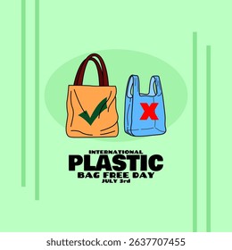 International Plastic Bag Free Day to celebrate on July 3rd. Illustration of a cloth tote bag with a green check mark and a blue plastic bag with a red cross on a bright green background.