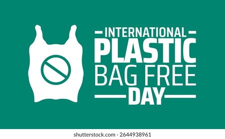 International Plastic Bag Free Day background or banner design. White Plastic Bag with Prohibition Sign on Green Background, Promoting Eco Friendly Solutions.