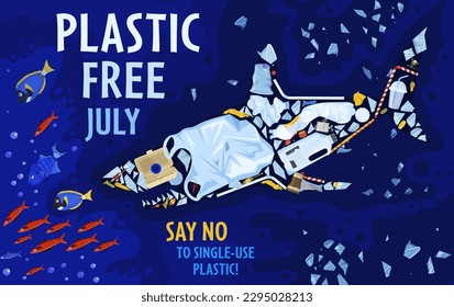 International plastic free day. Environmental conservation promoting. Global initiative. Ecological print. Landscape poster background. Editable vector illustration.