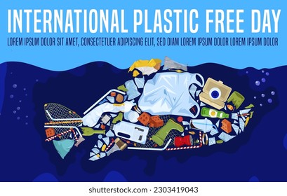 International plastic free day. Environmental conservation promoting. Global initiative. Ecological print. Landscape poster background. Editable vector illustration.