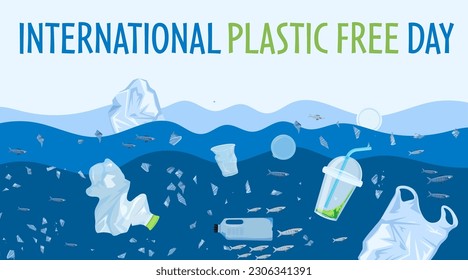 International plastic free day. Environmental conservation promoting. Global initiative. Ecological print. Landscape poster background. Editable vector illustration.