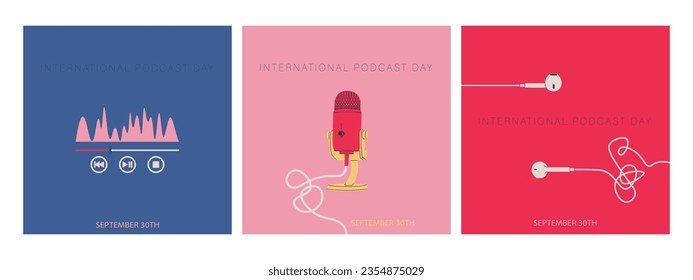 International Podcast Day. A set of square postcards for September 30th. Wired earbuds, equalizer sound wave, studio microphone. Vector illustration for design.