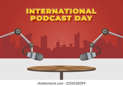 International Podcast Day Vector Illustration on September 30th. Microphone with City Silhouette Background for Social Media and Posters.