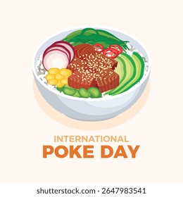 Ilustração vetorial do pôster do Dia Internacional do Poco. Taça de atum havaiano poke com peixe, arroz, abacate, vetor vegetal. Modelo para plano de fundo, banner, cartão. 28 de setembro. Dia importante