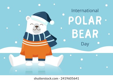 International Polar Bear Day background. Polar Bear in hat, scarf and sweater.