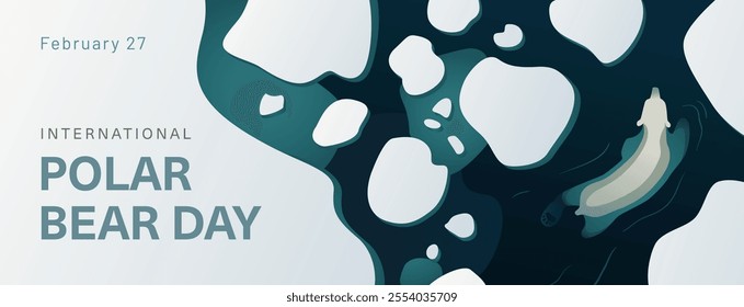 International Polar Bear Day horizontal banner design. Modern illustration of a white bear swimming amidst fragmented ice. Arctic wildlife in a changing environment. Vector