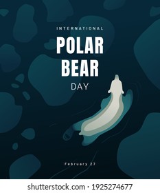 International Polar Bear day poster or banner design concept. A bear swimming in the blue ocean among melted ice. - Vector illustration