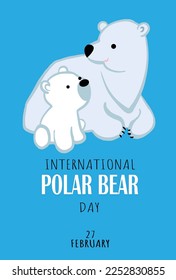 International Polar Bear Day vector. Big polar bear icon vector isolated on a blue background. Polar Bear Day Poster, February 27. Bear with cub