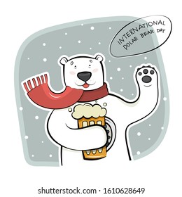 International polar bear day. A wild animal with a mug of beer in its paws. Vector illustration of a Northern resident on a white background.