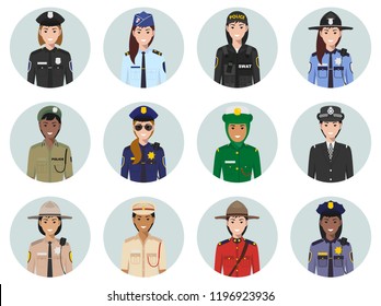 International police concept. Different policeman characters avatars icons set in flat style. Illustrations of sheriff, gendarme and policewoman. Vector illustration.