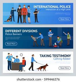 International police force cooperation internet site 3 flat banners set design with trained dog isolated vector illustration 