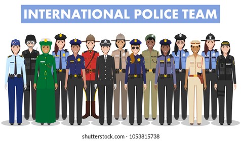 Concepto de policía internacional. Ilustración detallada del oficial de SWAT, policía, policía y comisario de diferentes países en estilo plano sobre fondo blanco. Ilustración vectorial.