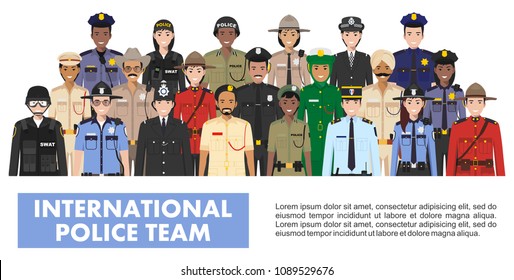 Concepto de policía internacional. Ilustración detallada del oficial del SWAT, policía, policía y comisario en estilo plano sobre fondo blanco. Ilustración vectorial.