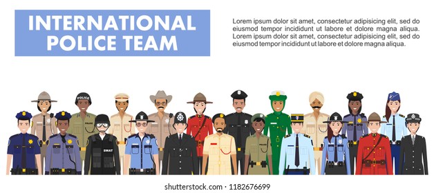 International police people concept. Detailed illustration of SWAT officer, policeman, policewoman and sheriff in flat style on white background. Vector illustration.