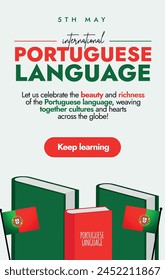 International Portuguese Language Day. 5th May Portuguese Language Celebration Day story banner with Books in red, green colours, Portuguese Flags and speech bubbles. Portugal language story post