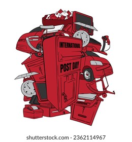 International post day campaign design in red doodle art design