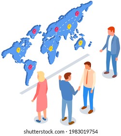 International postal mail delivery service concept. People studying destination map with marks. Colleagues work together with world map for worldwide delivery. Characters analyzing geolocation