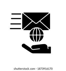 International postal service black glyph icon. Global mailing network, email correspondence silhouette symbol on white space. Online communication, internet messaging. Vector isolated illustration