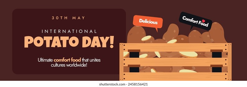 International Potato day. 30th May 2024 First International Potato day celebration cover banner, post with potatoes crate, speech bubbles. The theme for 2024: Harvesting diversity, feeding hope. 