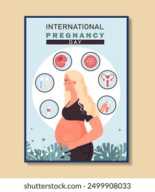 International pregnancy day. Woman with big belly. International holiday and festival. Motherhood and parenthood. Pregnancy and fertility. Flat vector illustration isolated on beige background