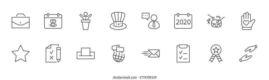 International Presidents Day Line Icons. Hat President, USA Flag Editable Stroke