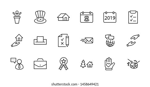 International Presidents Day Set Line Vector Icons. Contains such Icons as Hat, President, Voting, USA, Flag, Elections, Government, Ballot, Box, Check, Politics and more Editable Stroke 32x32 Pixels