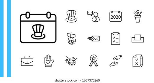 International Presidents Day Set Line Vector Icons. Contains such Icons as Hat, President, Voting, USA, Flag, Elections, Government, Ballot, Box, Check, Politics and more Editable Stroke 32x32 Pixels