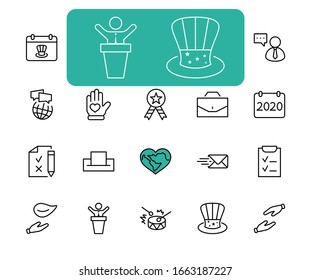 International Presidents Day Set Line Vector Icons. Contains such Icons as Hat, President, Voting, USA, Flag, Elections, Government, Ballot, Box, Check, Politics and more Editable Stroke 32x32 Pixels