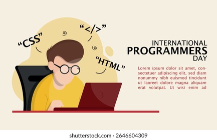Plantilla del Día Internacional de los Programadores. Un programador masculino trabaja con una computadora portátil. Copiar área de espacio