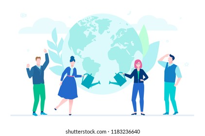 International project - flat design style illustration on white background. A composition with cheerful team standing before a globe, women holding watering pots. Worldwide business, ecology concept