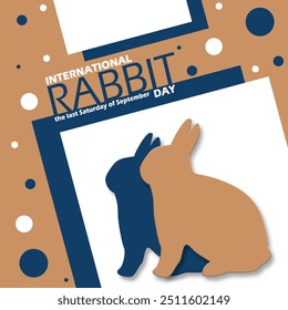 International Rabbit Day event animal banner. Two rabbits in frame with dots decoration on brown background to celebrate on September