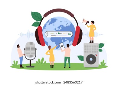 International radio broadcast, online DJ, internet music channel. Tiny people with mobile app in phone and microphone listen sound, Earth globe with big headphones cartoon vector illustration