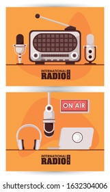 international radio day poster with retro aparatus and laptop vector illustration design