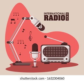 international radio day poster with retro aparatus vector illustration design